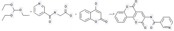 The Nicotinuric acid can react with 4-Hydroxy-chromen-2-one and Triethoxymethane to get N-(2, 5-Dioxo-2H, 5H-pyrano[3, 2-c]chromen-3-yl)-nicotinamide.
